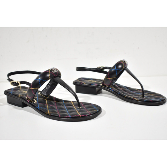 Chanel 21K Black Multicolor Leather CC Logo Mule Slide Flat Thong Sandal 37.5 - Picture 3 of 11